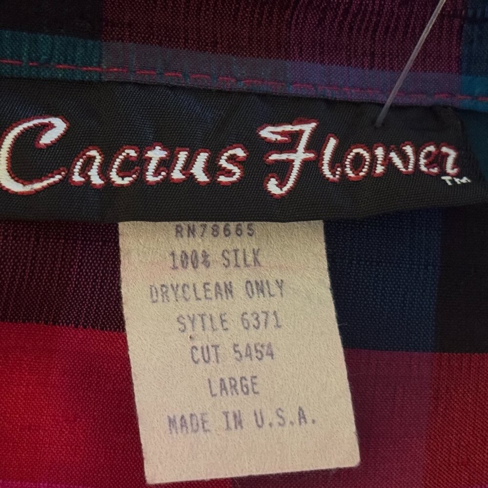 VTG Cactus Flower Sz L Womens Silk Blouse Shirt 3/4 Sleeve Pink/Teal/Black Check - Picture 8 of 9